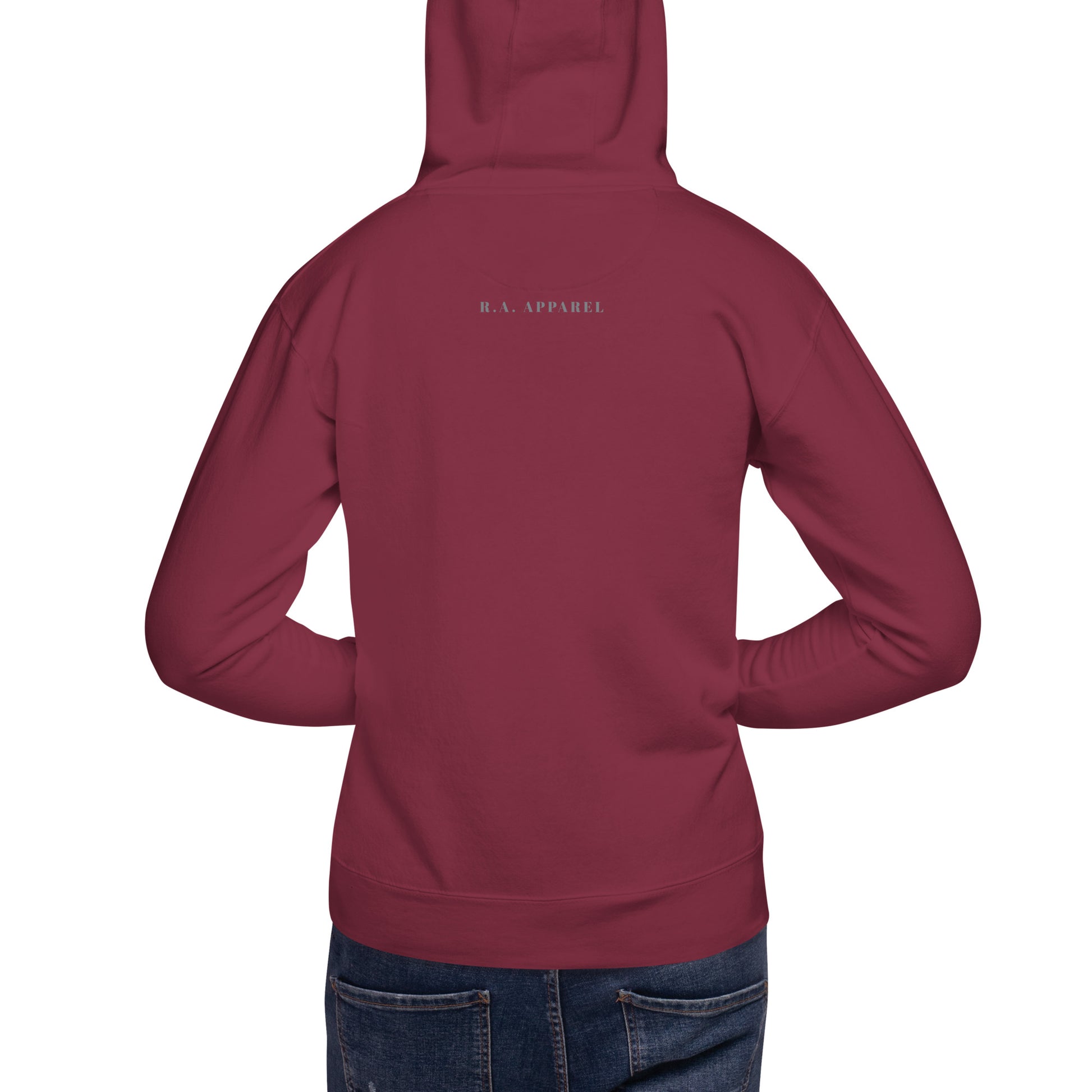 Image 8 of Maroon Fortitude Hoodie - Left Placement, size M, with Soldier On artwork visible in back view.
