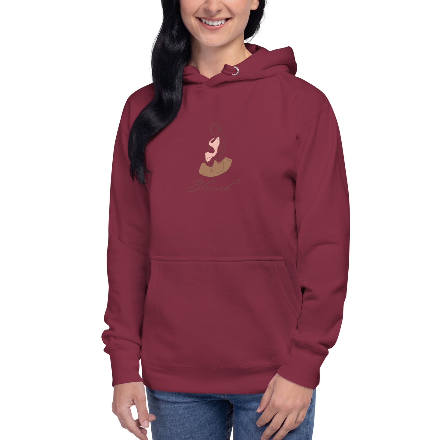 Image 13 of Maroon Grace Mark Hoodie - Left Placement, size S, with Blessed artwork visible in front view.