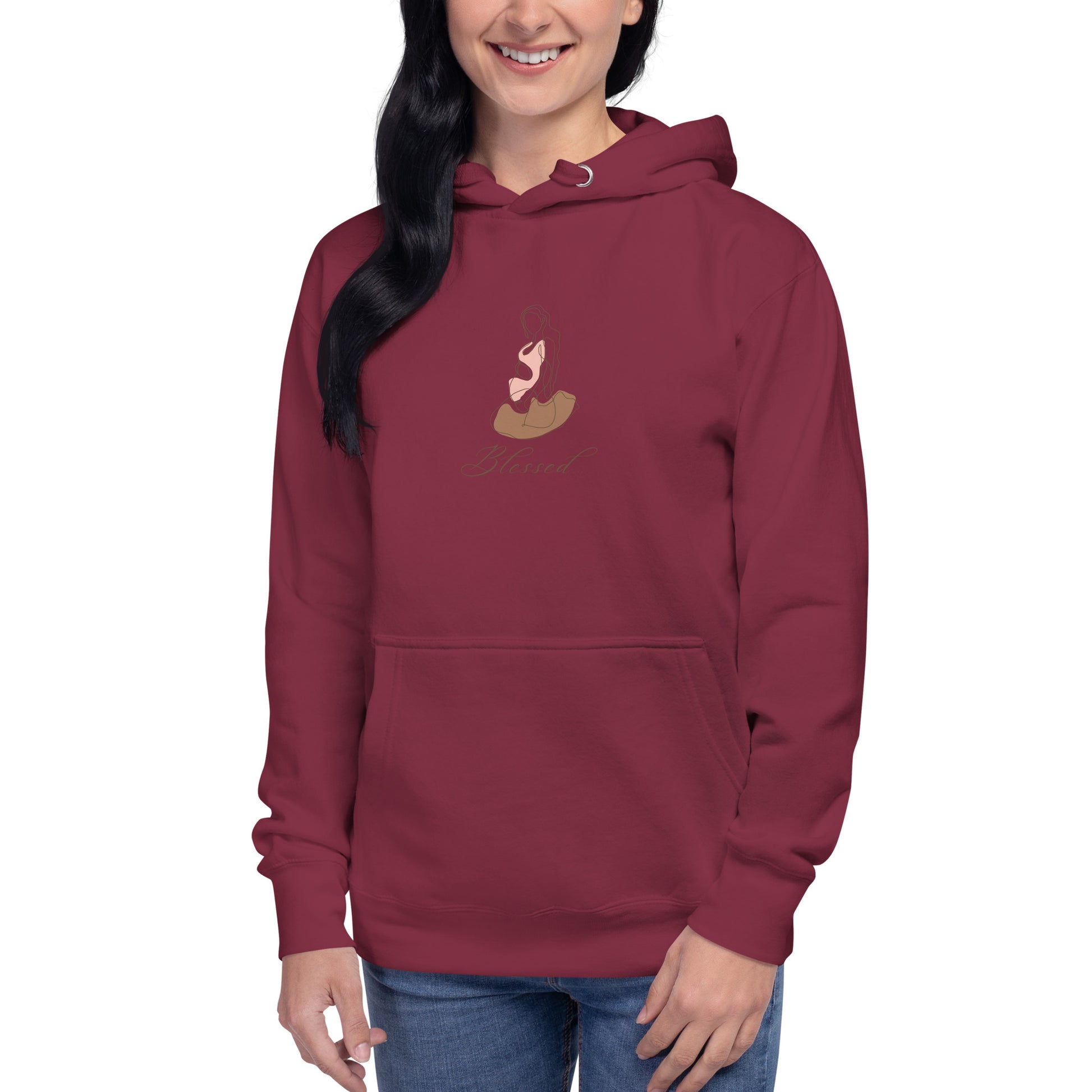 Image 13 of Maroon Grace Mark Hoodie - Left Placement, size S, with Blessed artwork visible in front view.
