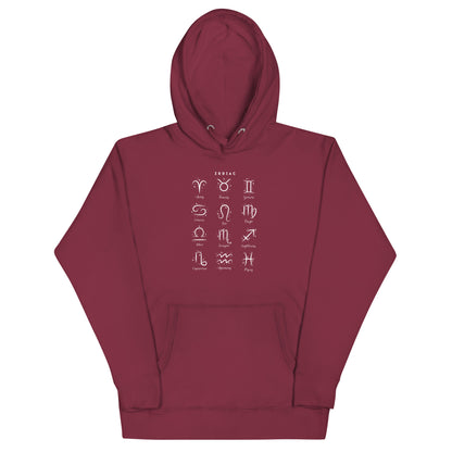 Astral Circle Hoodie - Left Placement image 7: Navy Blazer version, size S with front view of the Zodiac range.