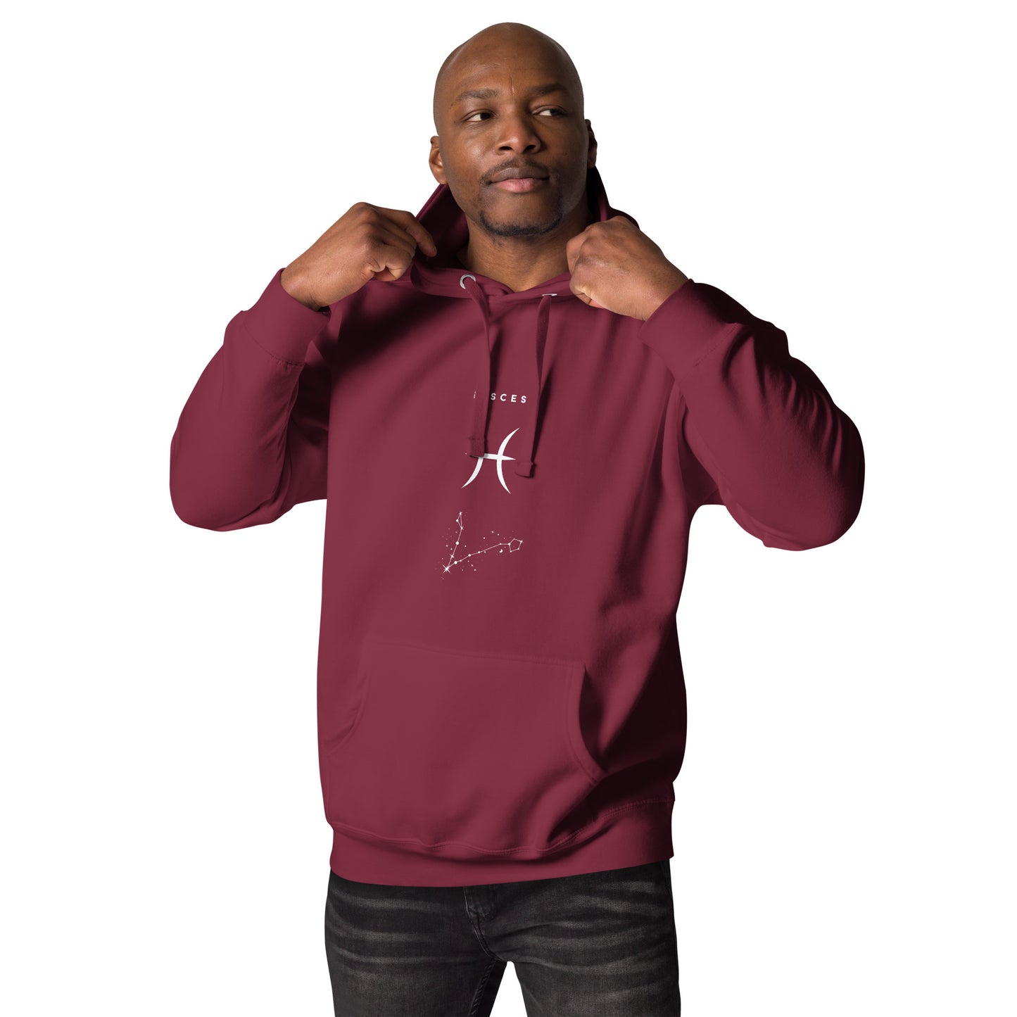 Tideborn Hoodie - Left Placement image 7: Navy Blazer version, size S with front view of the Pisces range.