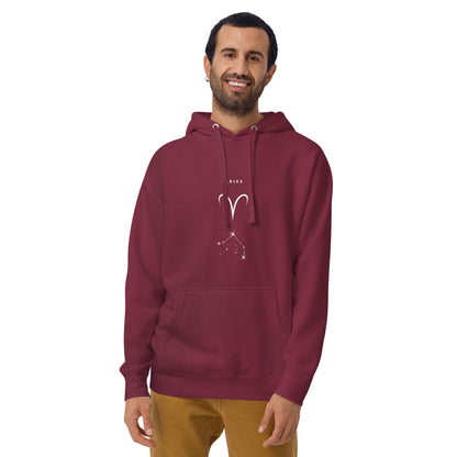 Marsborne Hoodie - Left Placement image 13: Maroon version, size S with front view of the Aries range.