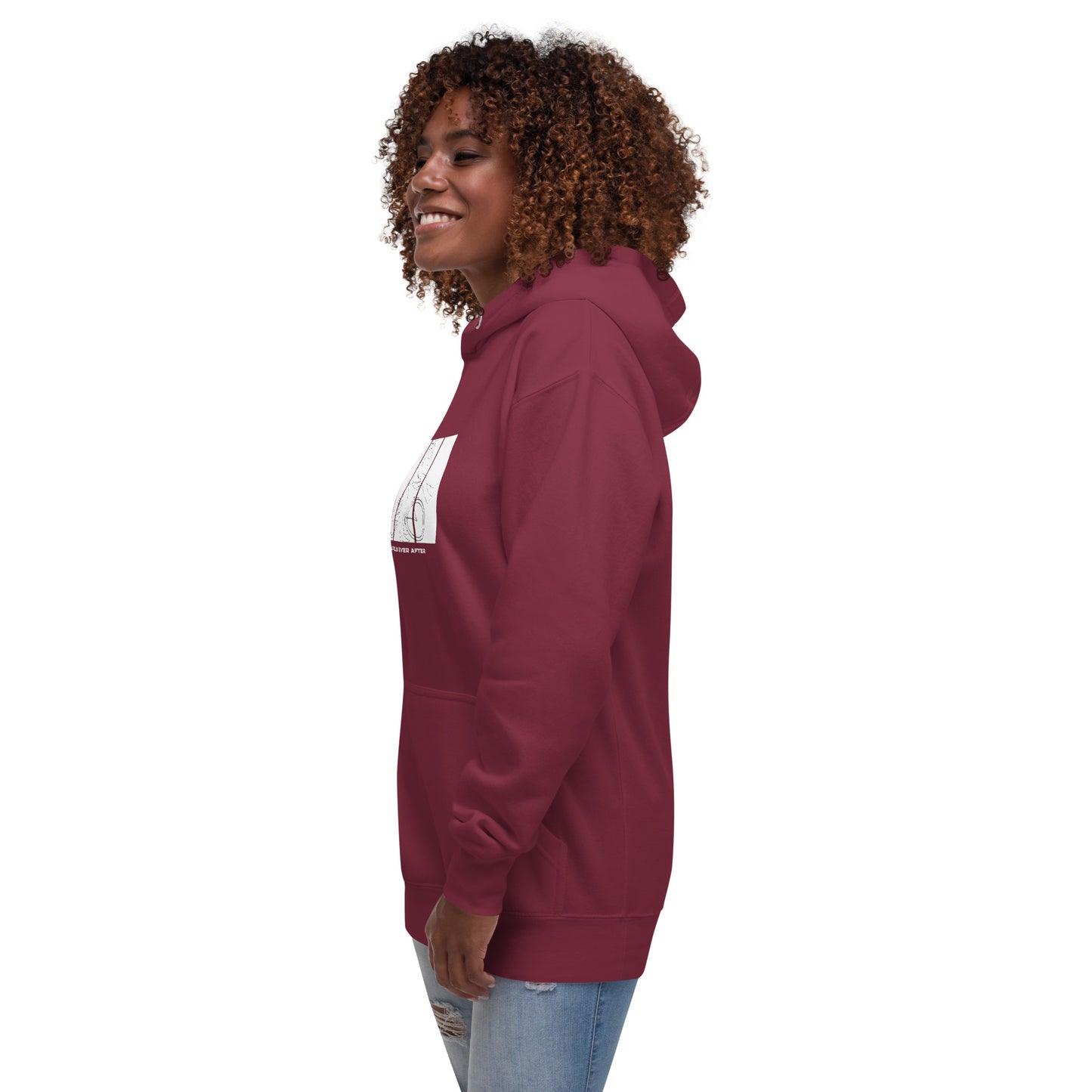 Image 19 of Charcoal Heather Ever After Hoodie - Left Placement, size S, with Happily Ever After artwork visible in front view, left-side angle.