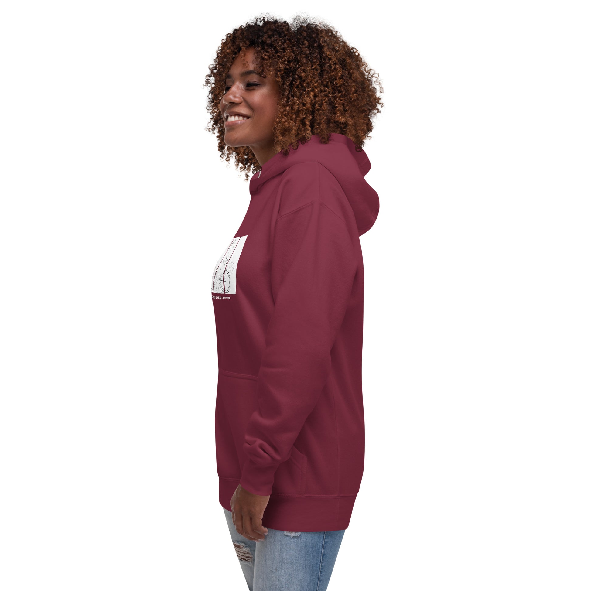 Image 19 of Charcoal Heather Ever After Hoodie - Left Placement, size S, with Happily Ever After artwork visible in front view, left-side angle.