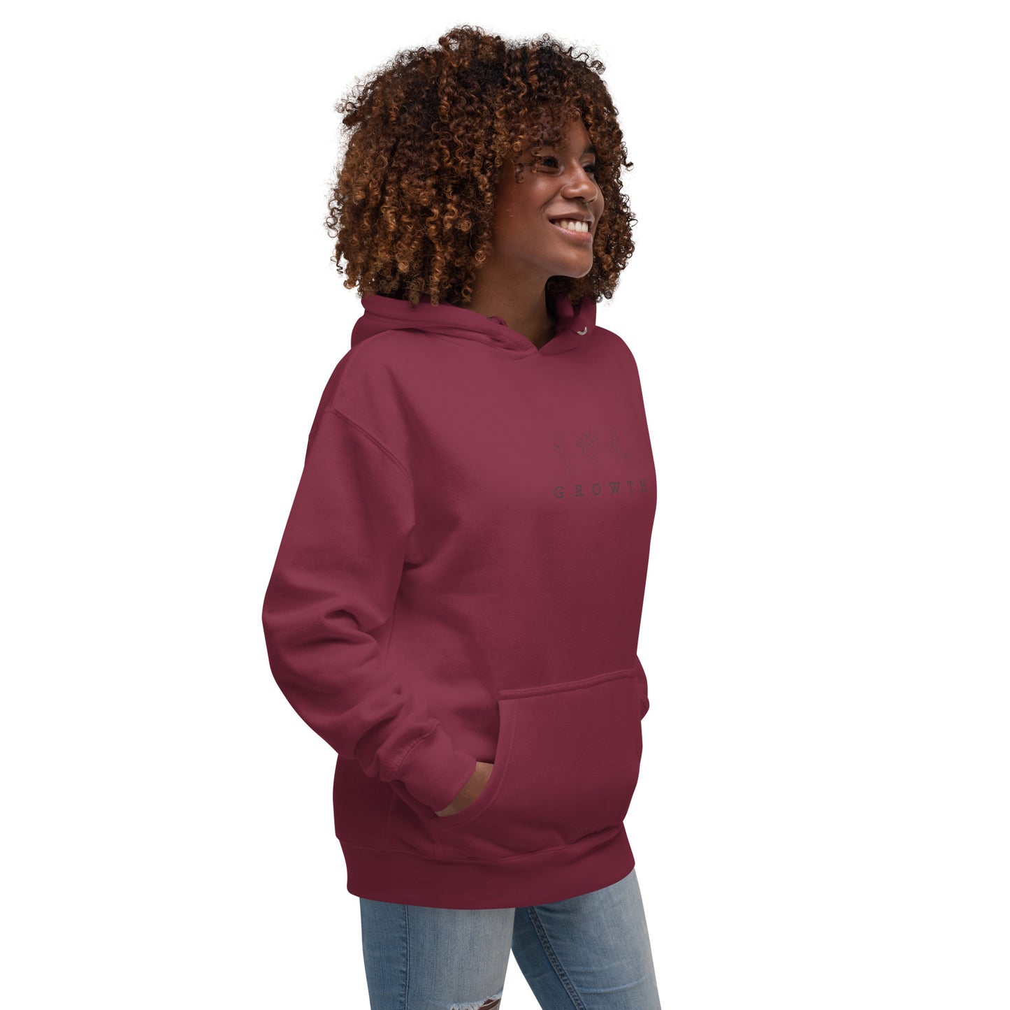 Growthline Hoodie - Left Placement product image 20 in Vintage Black, size XL, with front view, right-side angle and left placement.
