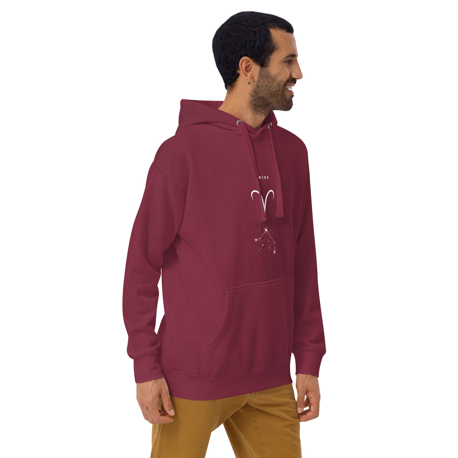 Image 15 of Maroon Marsborne Hoodie - Left Placement, size L, with Aries artwork visible in front view, right-side angle.