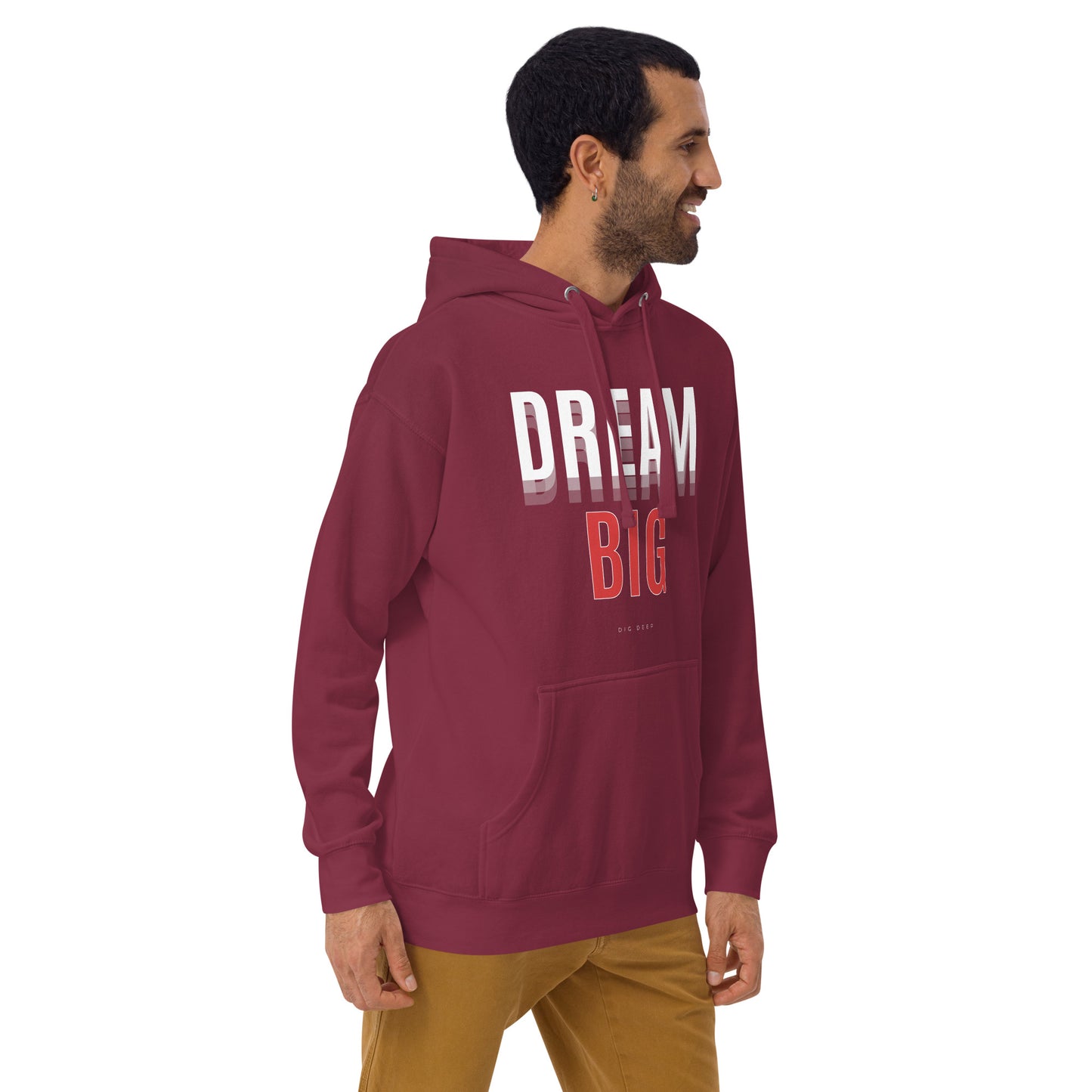 Image 16 of Charcoal Heather Skyline Dream Hoodie - Left Placement, size S, with Dream Big artwork visible in front view, right-side angle.