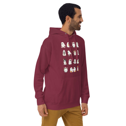 Image 20 of Charcoal Heather Spectral Hoodie - Left Placement, size M, with Ghosts artwork visible in front view, right-side angle.