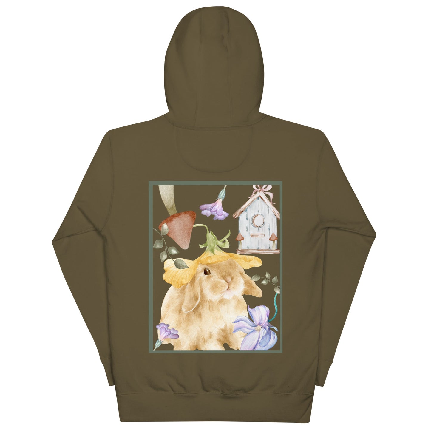Meadow Club Hoodie - Left Placement 126 image 9: Navy Blazer version, size L with back view of the Bunny Collage range.