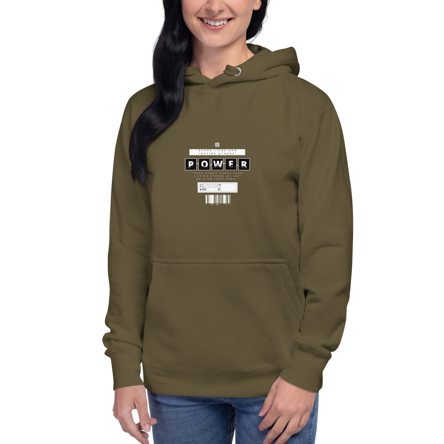 Image 51 of Military Green Impact Form Hoodie - Left Placement, size L, with Shape Lives artwork visible in front view.
