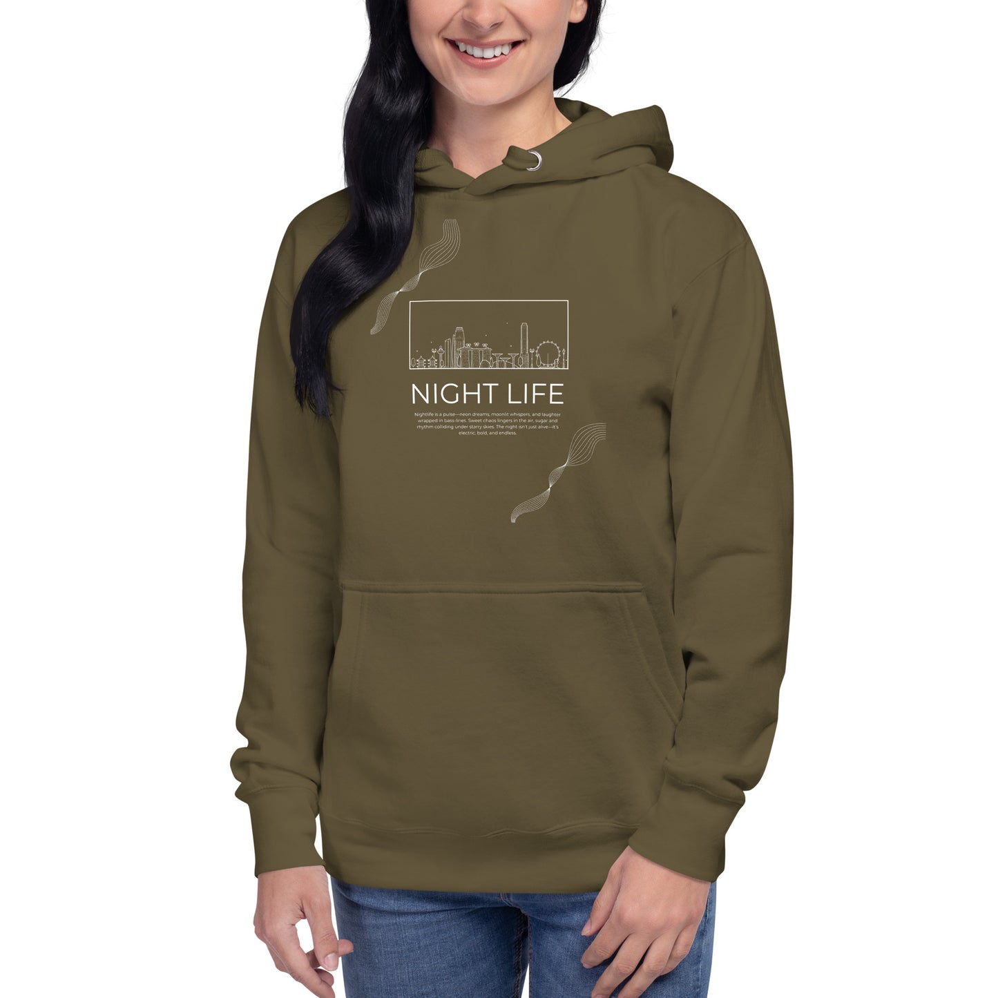 Image 10 of Navy Blazer Afterhours Hoodie - Left Placement, size XL, with Night Life artwork visible in front view.