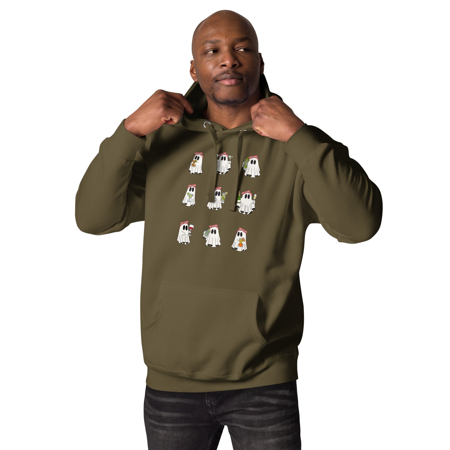 Little Haunts Hoodie - Left Placement image 15: Charcoal Heather version, size L with front view of the Ghosties 1 range.