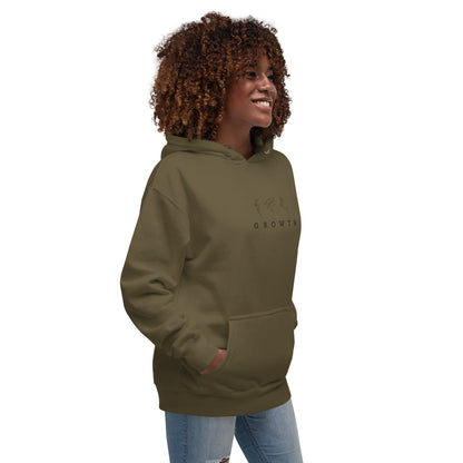 Image 32 of Forest Green Growthline Hoodie - Left Placement, size XL, with Growth artwork visible in front view, right-side angle.
