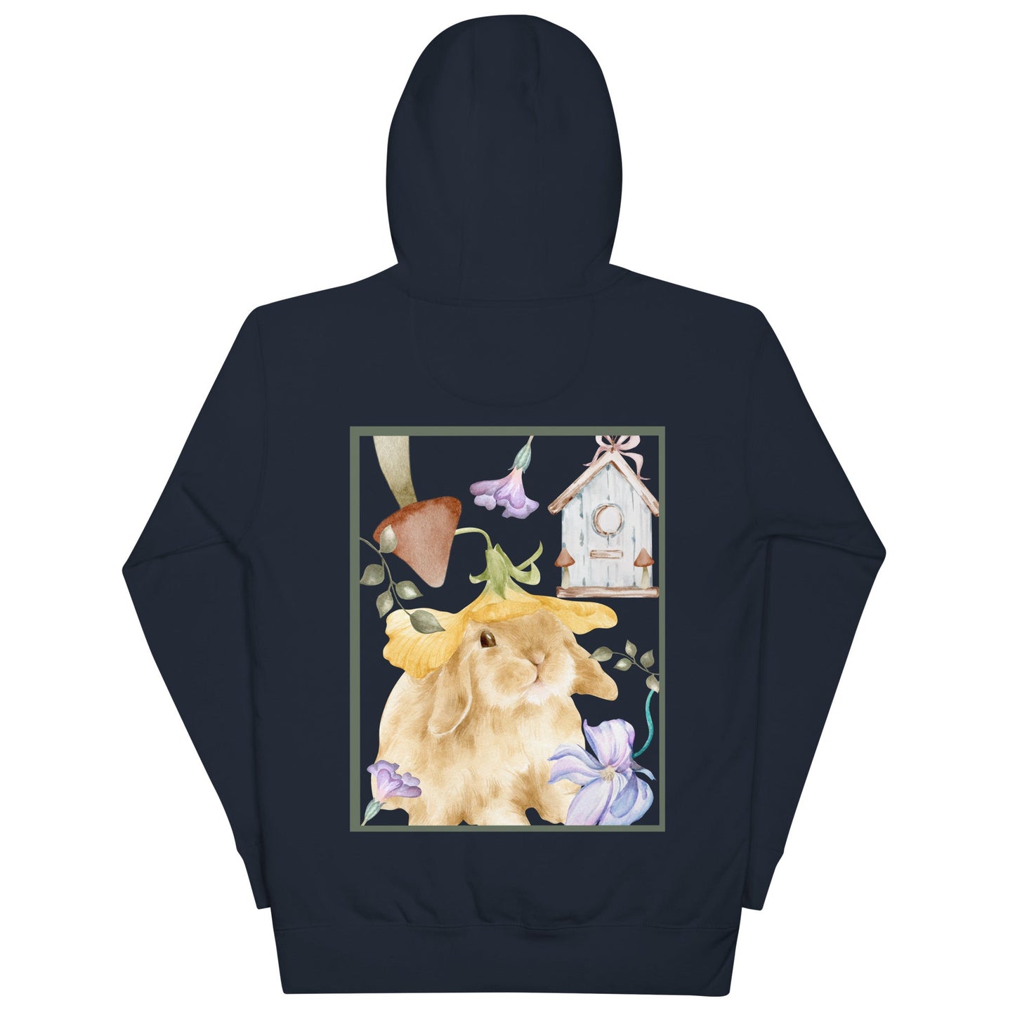Image 2 of Black Meadow Club Hoodie - Left Placement 126, size M, with Bunny Collage artwork visible in back view.