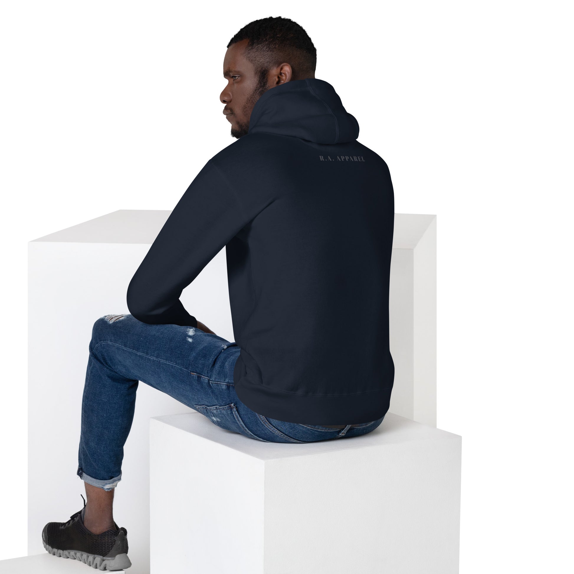 Urban Hoodie - Left Placement image 10: Navy Blazer version, size XL with back view of the Urban range.