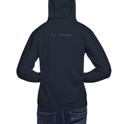 Image 8 of Navy Blazer Limitless Hoodie - Left Placement, size M, with No Limits artwork visible in back view.