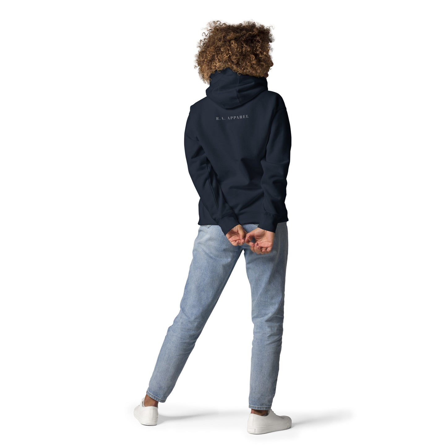 Image 10 of Navy Blazer Quiet Peace Hoodie - Left Placement, size XL, with Peace artwork visible in back view.