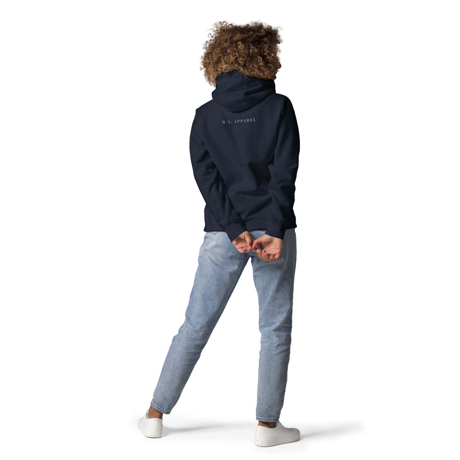 Image 10 of Navy Blazer Quiet Peace Hoodie - Left Placement, size XL, with Peace artwork visible in back view.