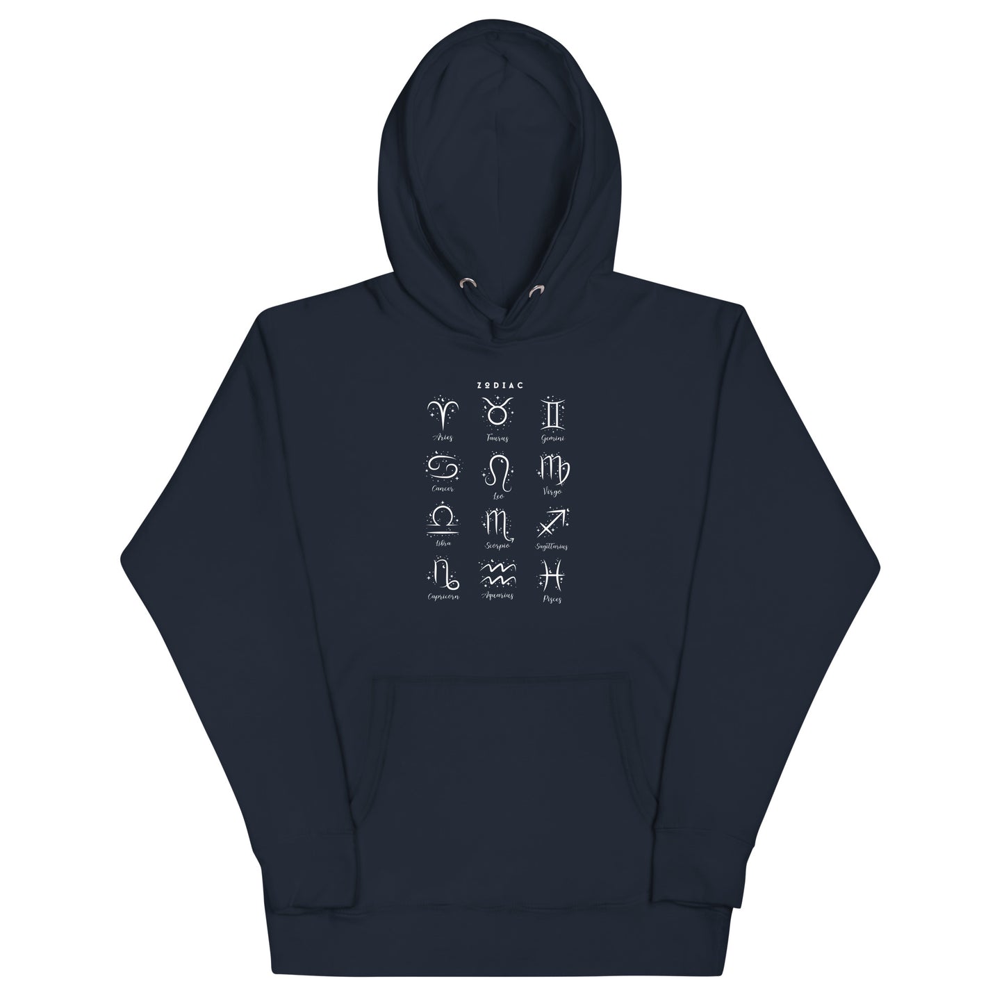 Astral Circle Hoodie - Left Placement image 9: Navy Blazer version, size L with front view of the Zodiac range.