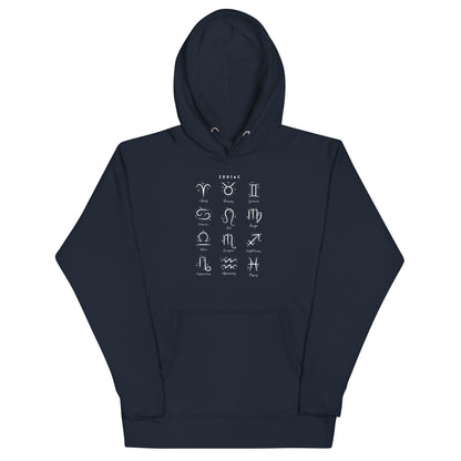 Astral Circle Hoodie - Left Placement image 9: Navy Blazer version, size L with front view of the Zodiac range.