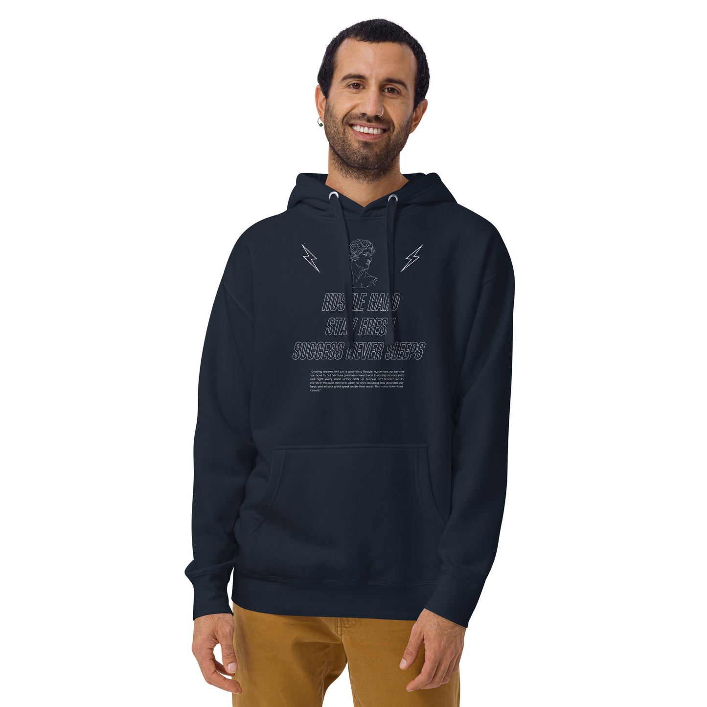 Workrate Hoodie - Left Placement image 9 in Navy Blazer, size L, showing front view for the Hustle Hard design.