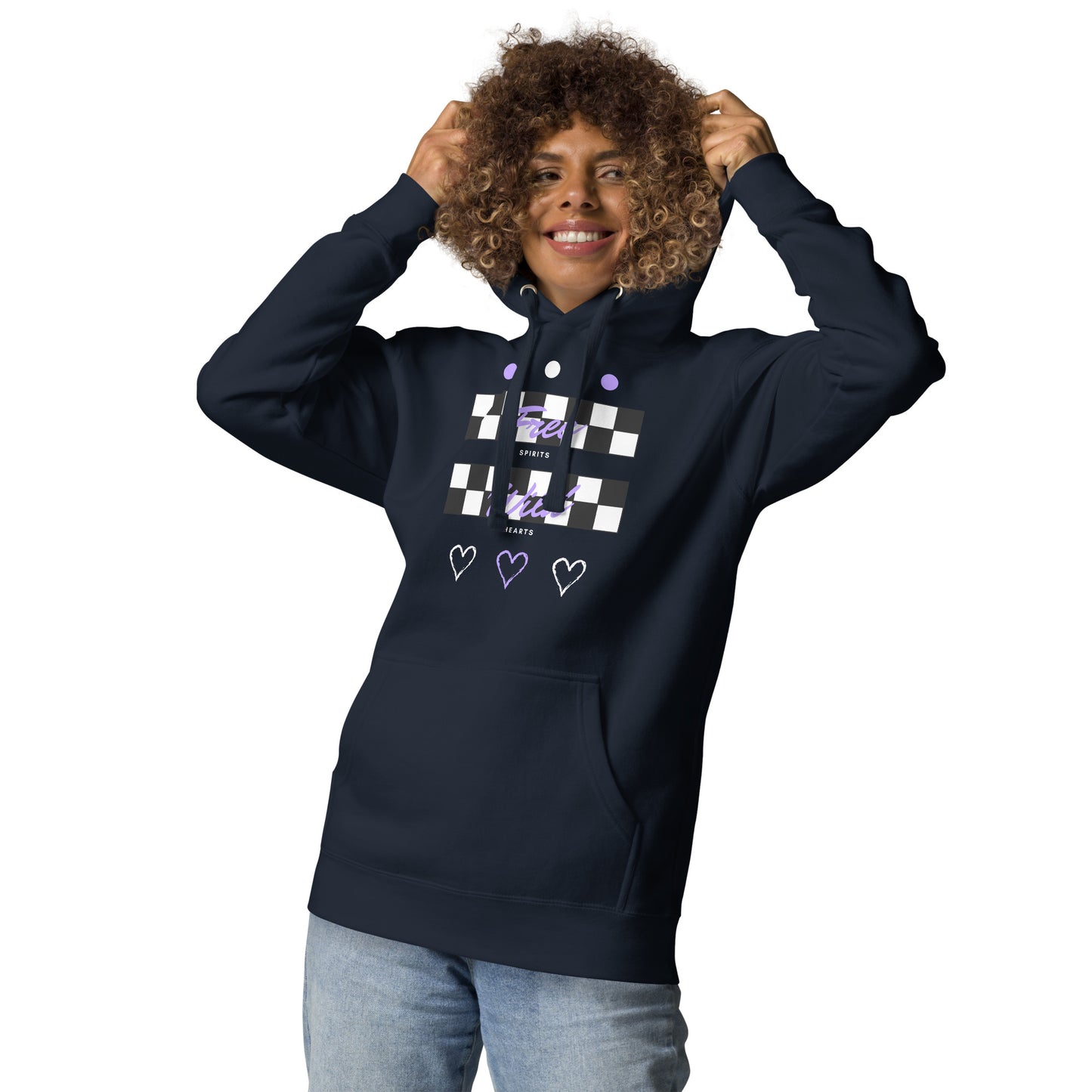Image 13 of Charcoal Heather Freeborne Hoodie - Left Placement, size S, with Free Spirits artwork visible in front view.