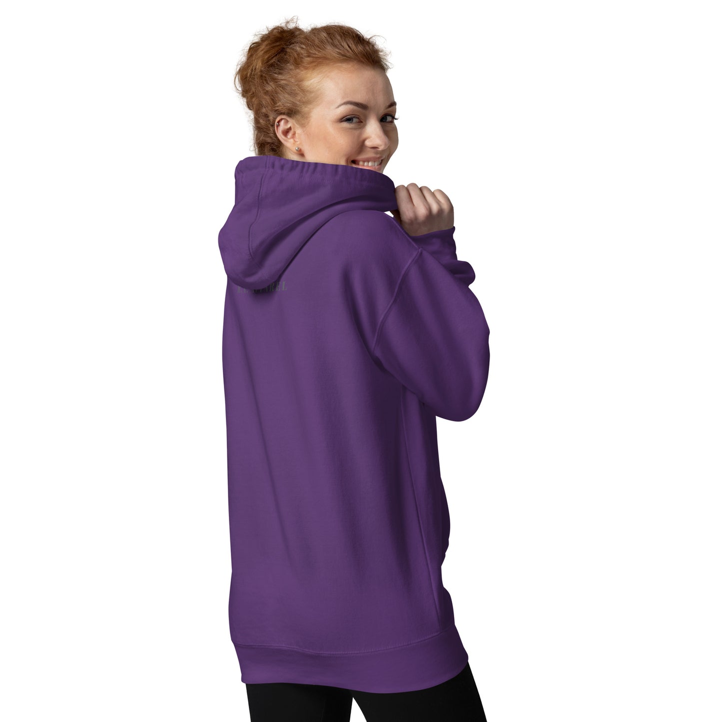 Image 20 of Charcoal Heather Noir Edge Hoodie - Left Placement, size M, with Elegant Edge artwork visible in back view.