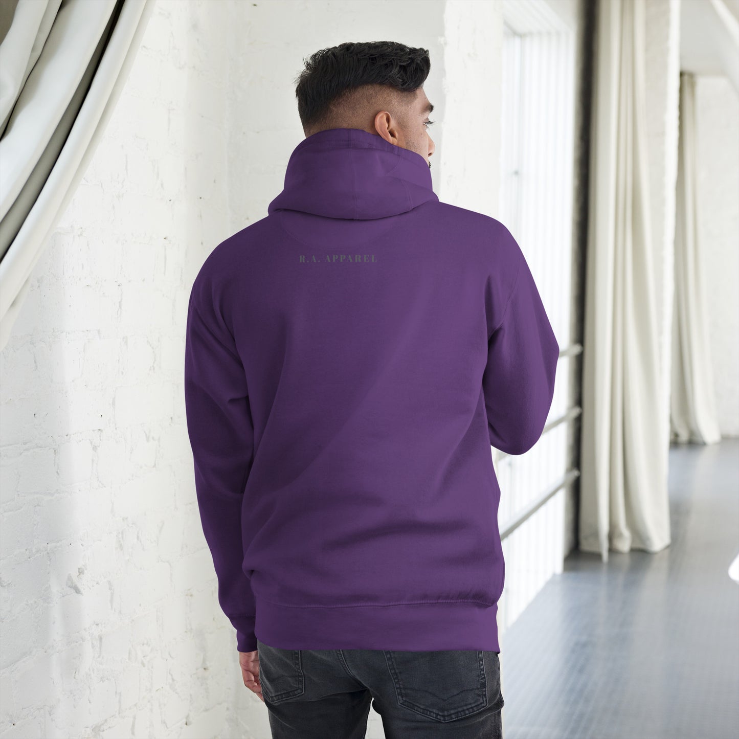Fearless Hoodie - Left Placement by R.A. Apparel, image 20, back view, Charcoal Heather, size 2XL, left placement.