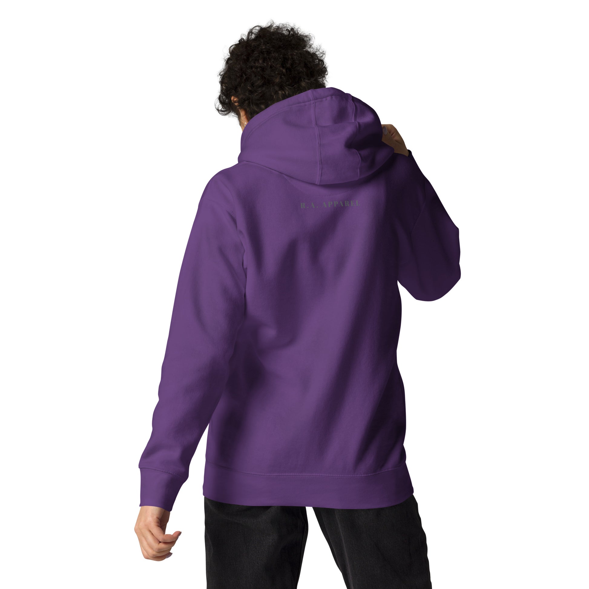Image 18 of Charcoal Heather Solmane Hoodie - Left Placement, size L, with Leo artwork visible in back view.