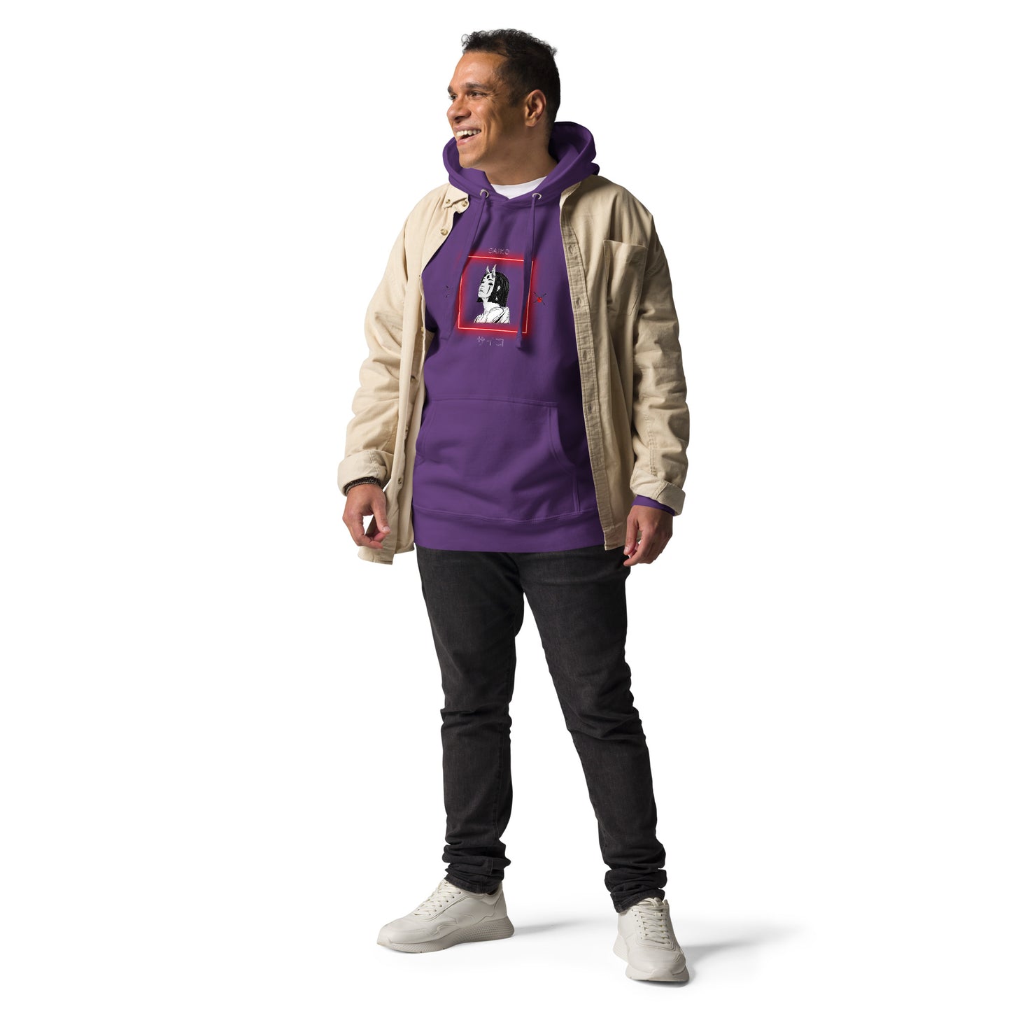 Saiko Hoodie - Left Placement image 19 in Charcoal Heather, size S, showing front view for the Saiko design.