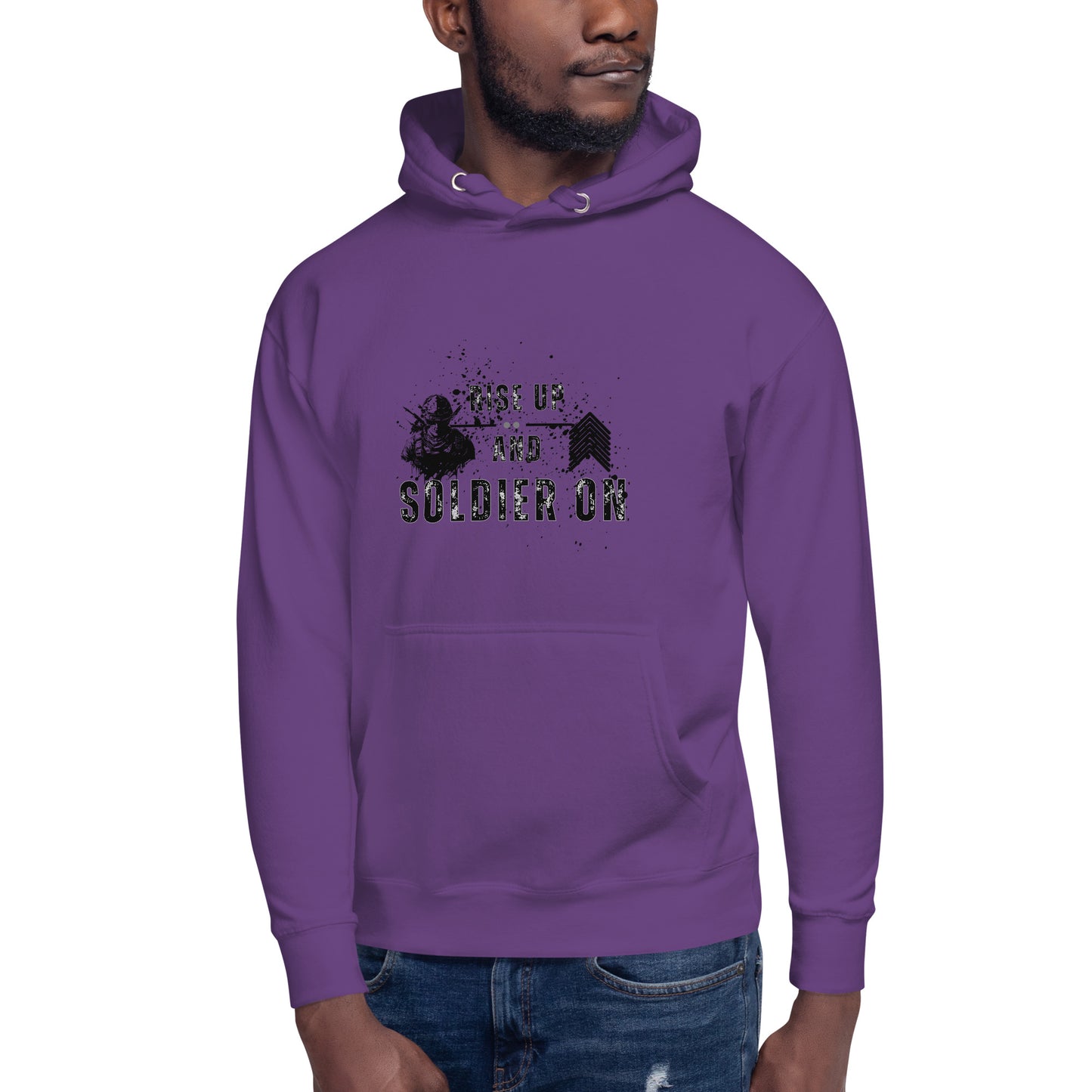 Image 17 of Charcoal Heather Fortitude Hoodie - Left Placement, size 2XL, with Soldier On artwork visible in front view.