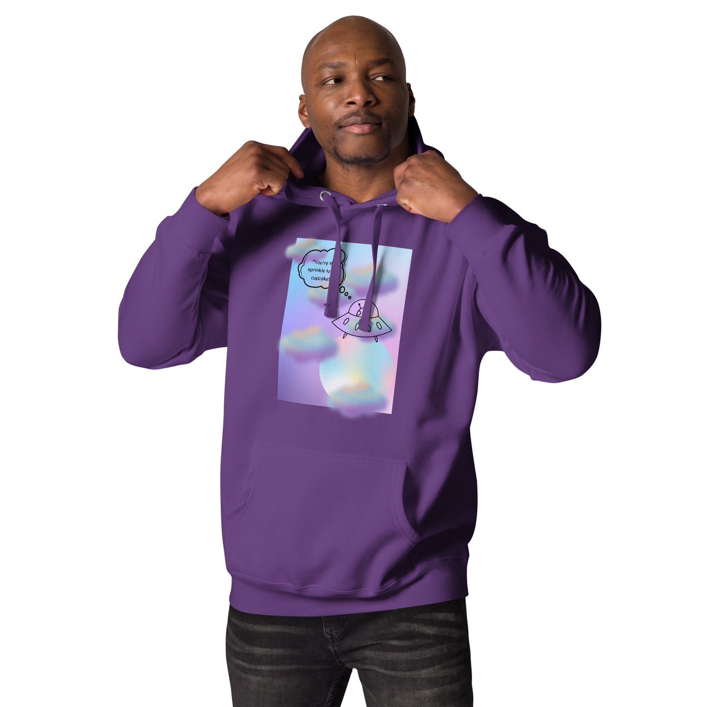 Image 19 of Charcoal Heather Sprinkle Theory Hoodie - Left Placement, size S, with You're the Sprinkle to My Cupcake artwork visible in front view.