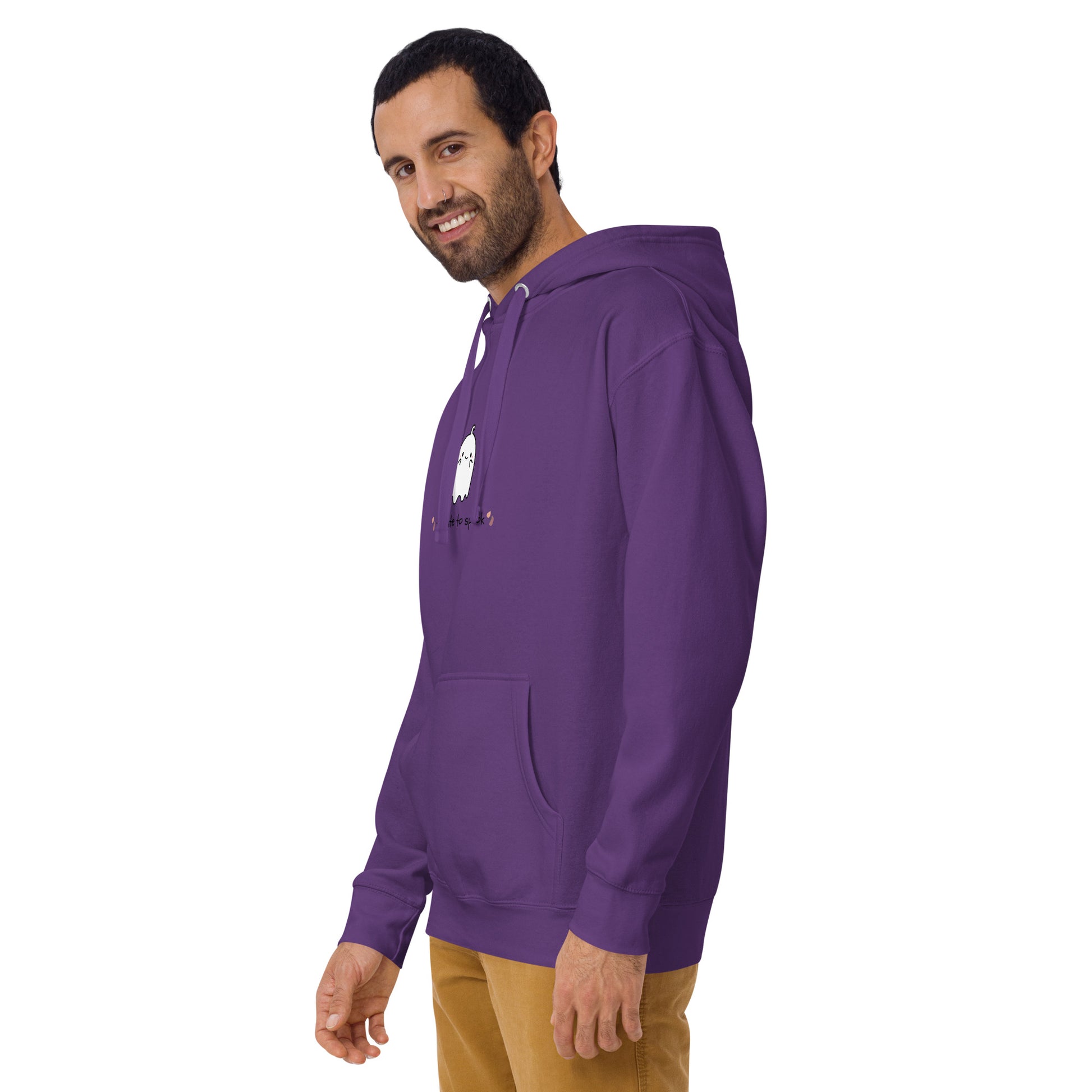 Image 39 of Purple Cute Haunt Hoodie - Left Placement, size L, with Too Cute to Spook artwork visible in front view, left-side angle.