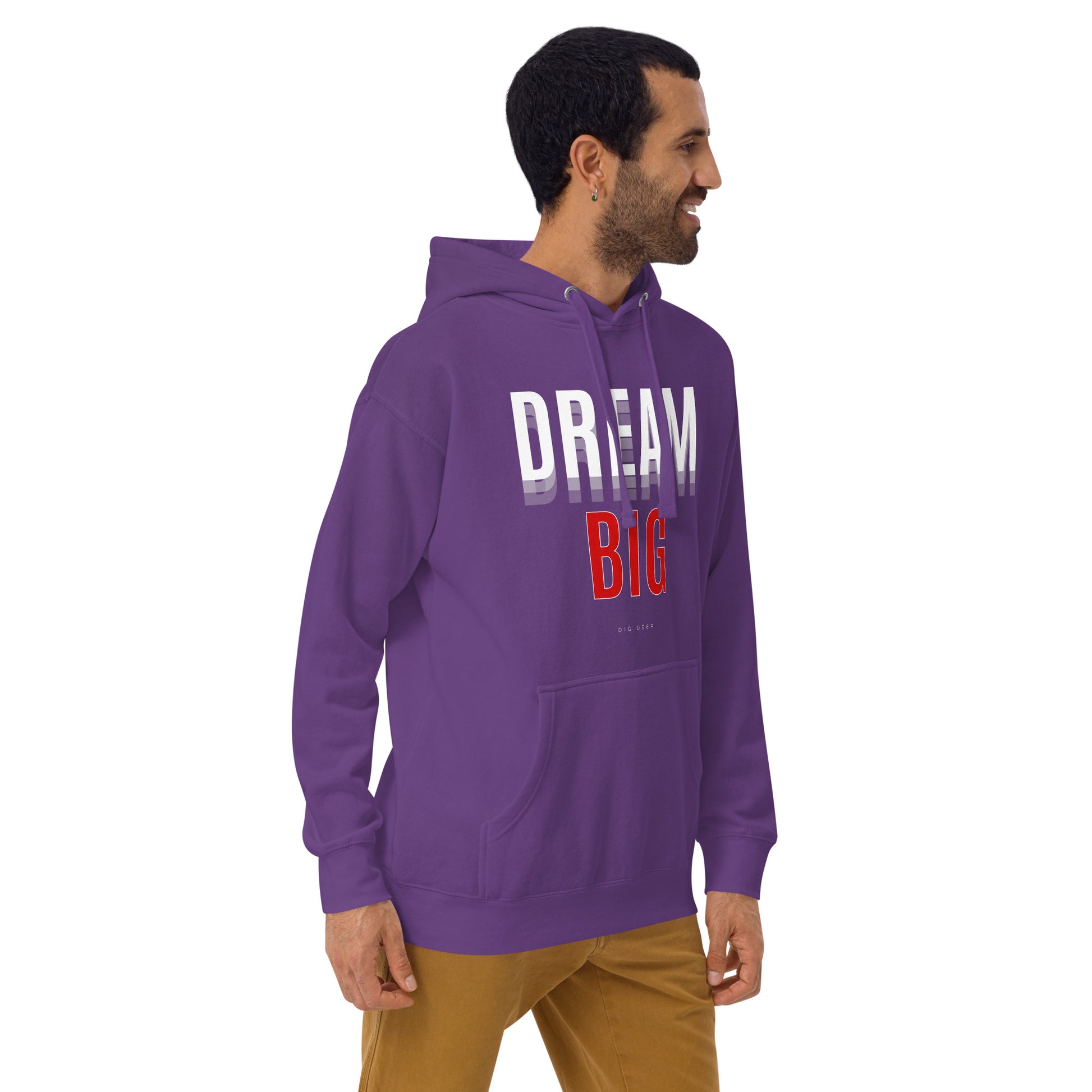 Image 36 of Forest Green Skyline Dream Hoodie - Left Placement, size S, with Dream Big artwork visible in front view, right-side angle.