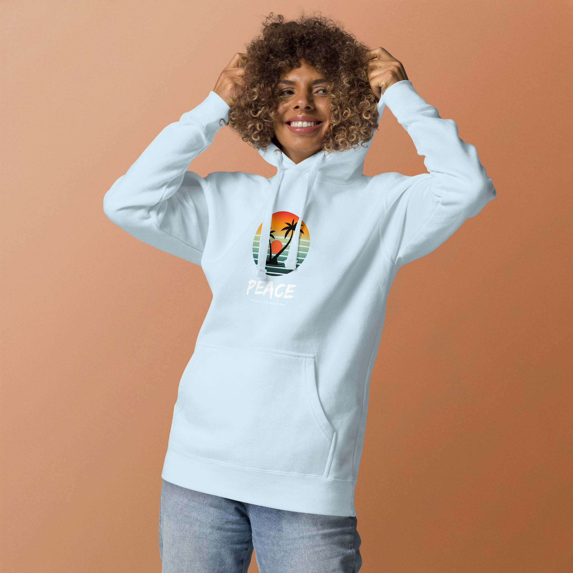 Image 19 of Charcoal Heather Quiet Peace Hoodie - Left Placement, size S, with Peace artwork visible in front view.