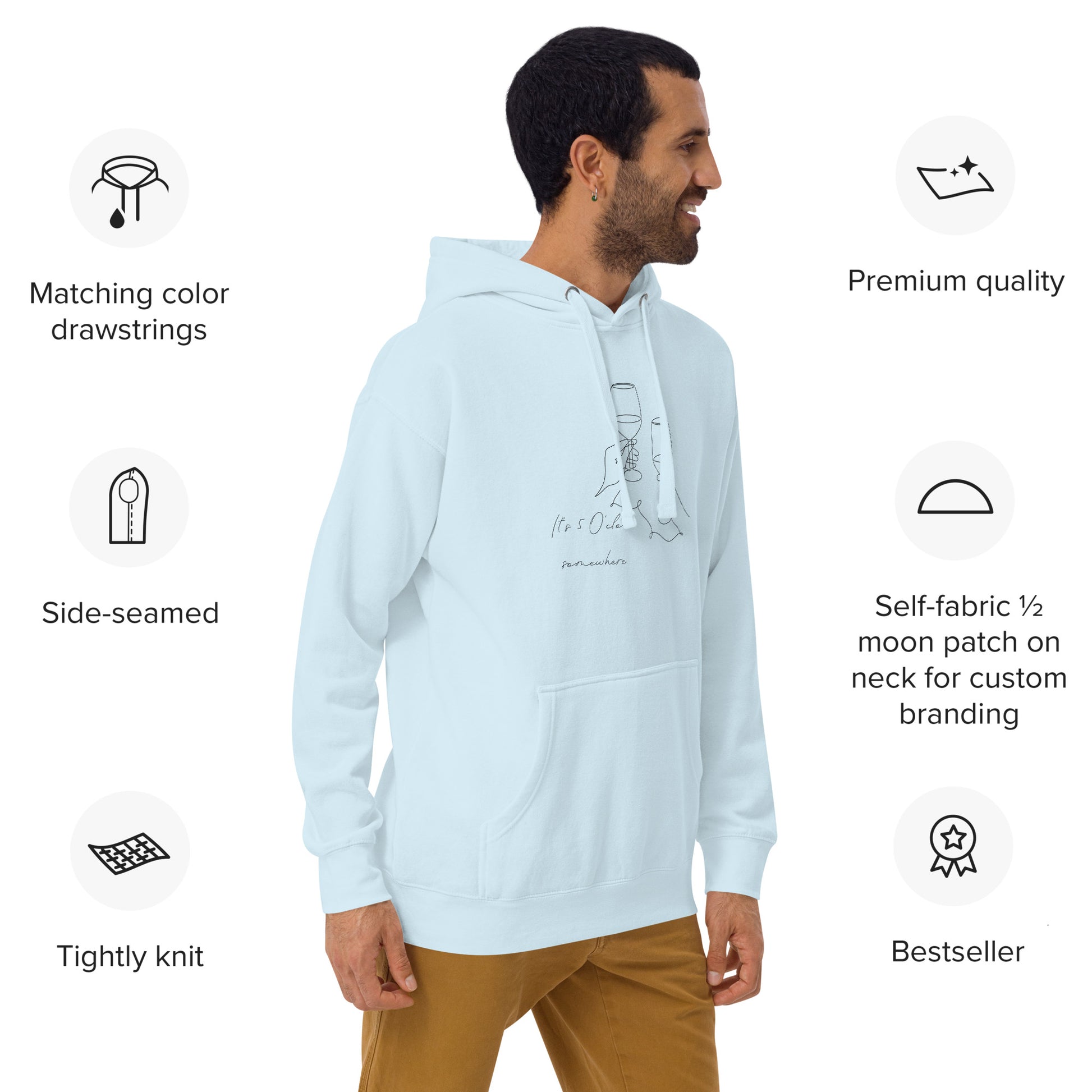 After Five Hoodie - Left Placement image 14 in selected colour, showing front view, right-side angle for the 5 O'Clock design.