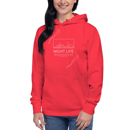 Afterhours Hoodie - Left Placement image 20: Charcoal Heather version, size M with front view of the Night Life range.