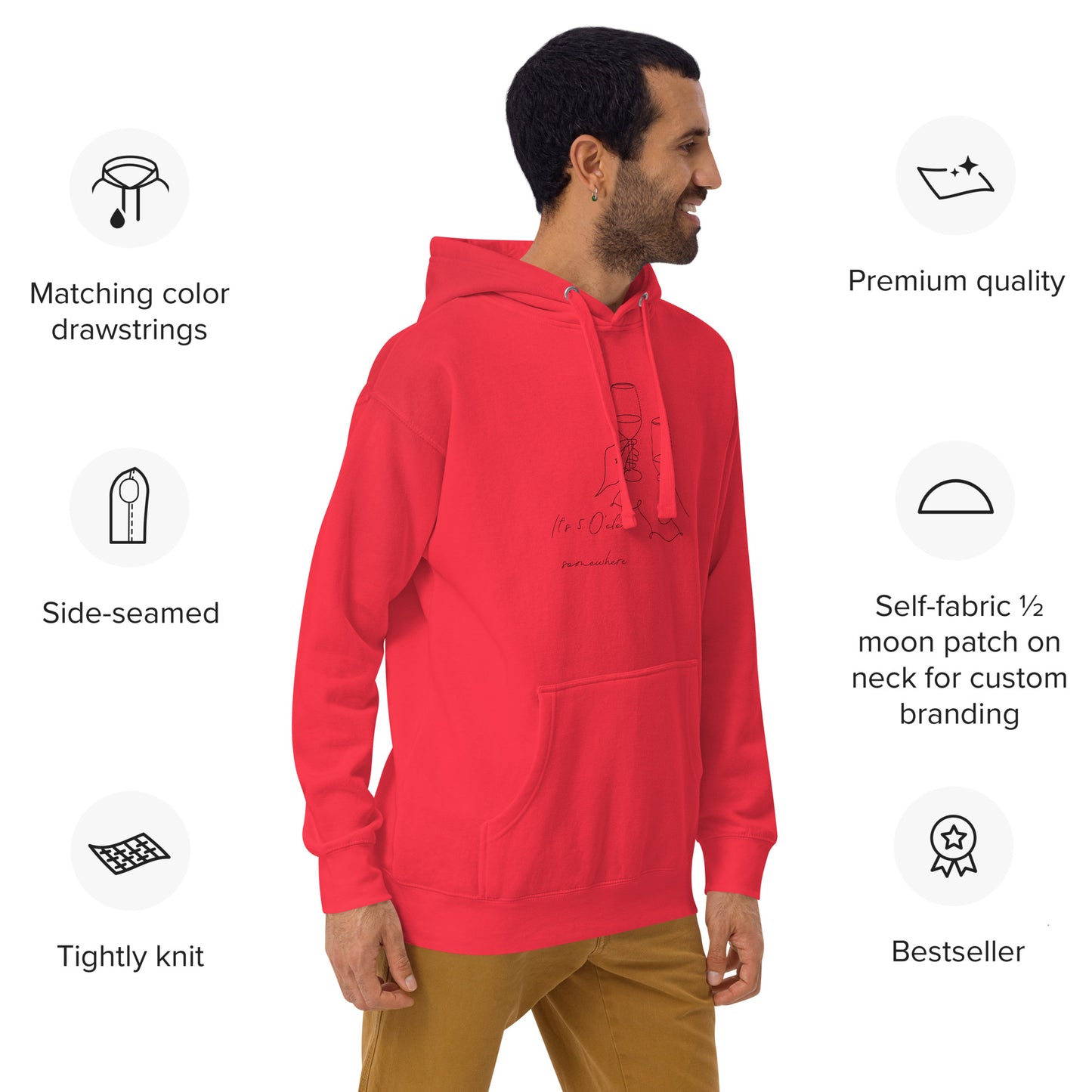 After Five Hoodie - Left Placement image 17 in selected colour, showing front view, right-side angle for the 5 O'Clock design.