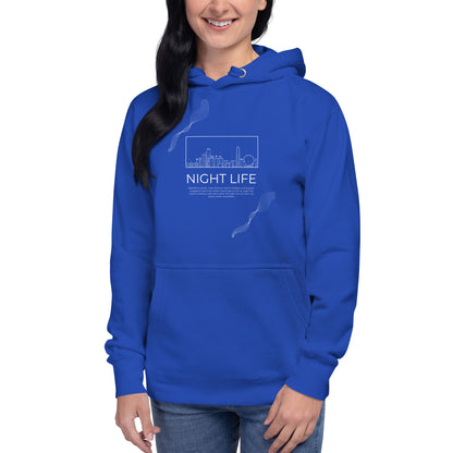 Afterhours Hoodie - Left Placement image 12: Navy Blazer version, size 3XL with front view of the Night Life range.