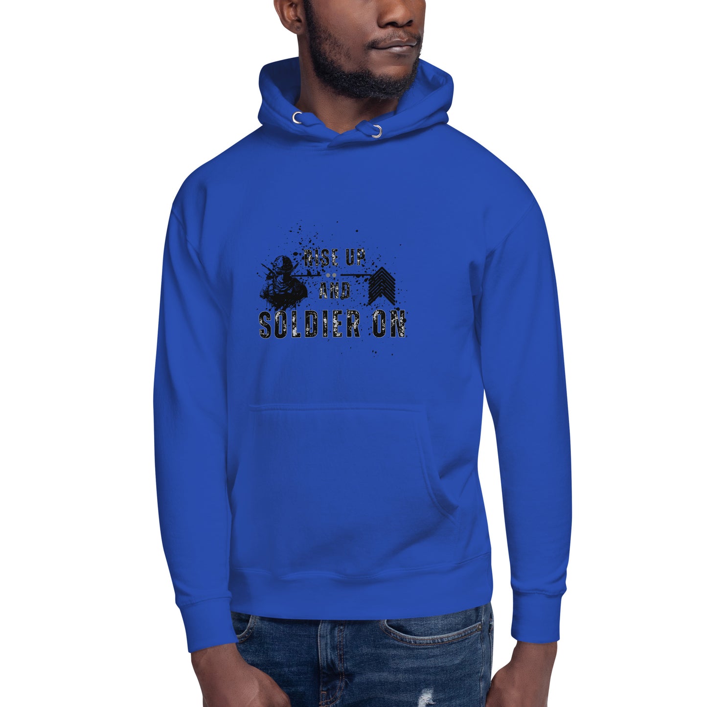 Fortitude Hoodie - Left Placement image 15: Charcoal Heather version, size L with front view of the Soldier On range.