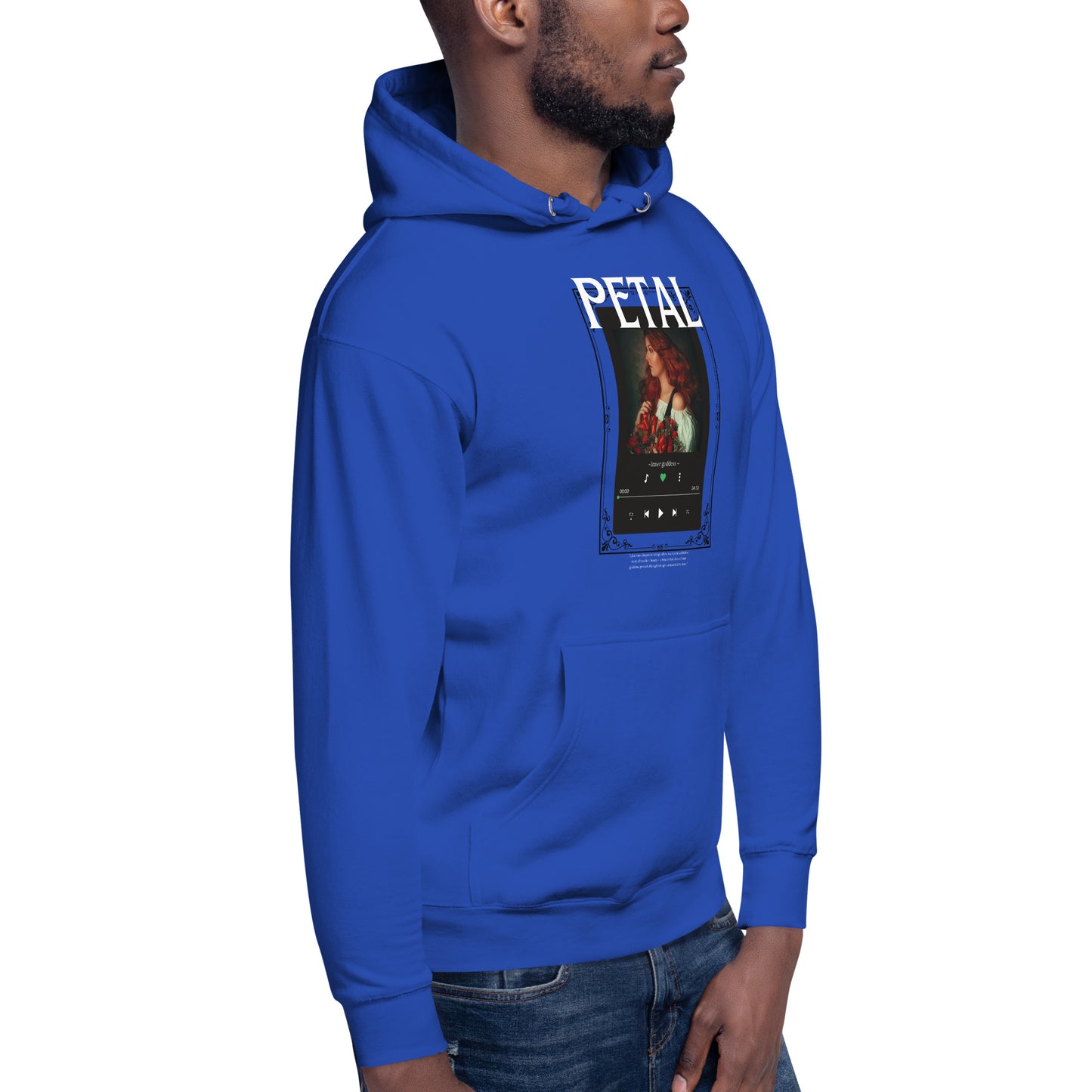 Petaline Hoodie - Left Placement 51 product image 20 in Charcoal Heather, size M, with front view, right-side angle and left placement.