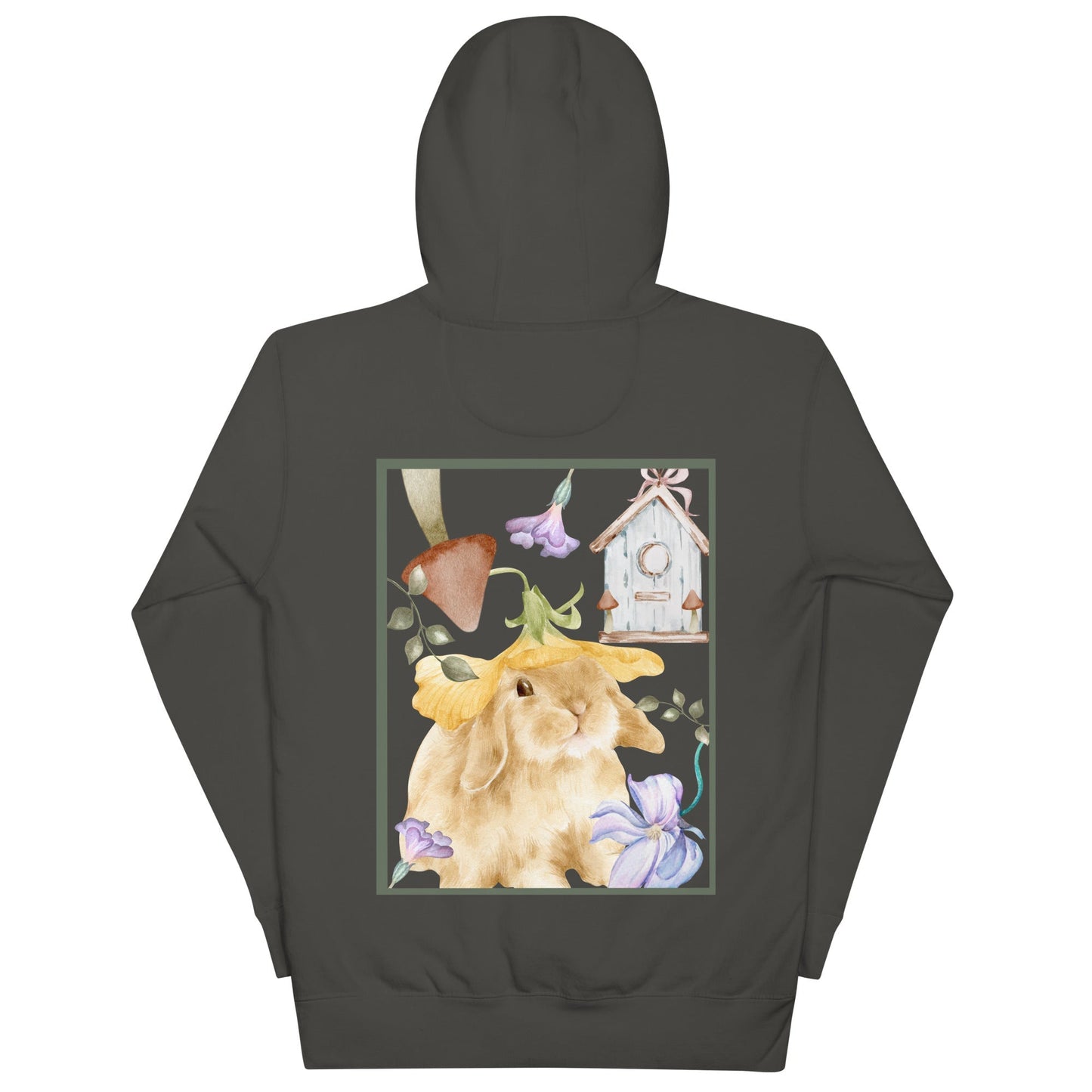 Image 5 of Black Meadow Club Hoodie - Left Placement 126, size 2XL, with Bunny Collage artwork visible in back view.