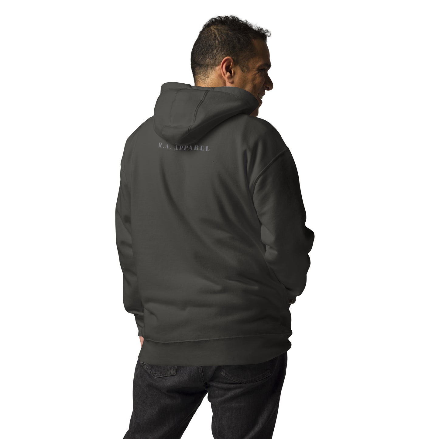 Forward Kind Hoodie - Left Placement by R.A. Apparel, image 22, back view, Charcoal Heather, size XL, left placement.