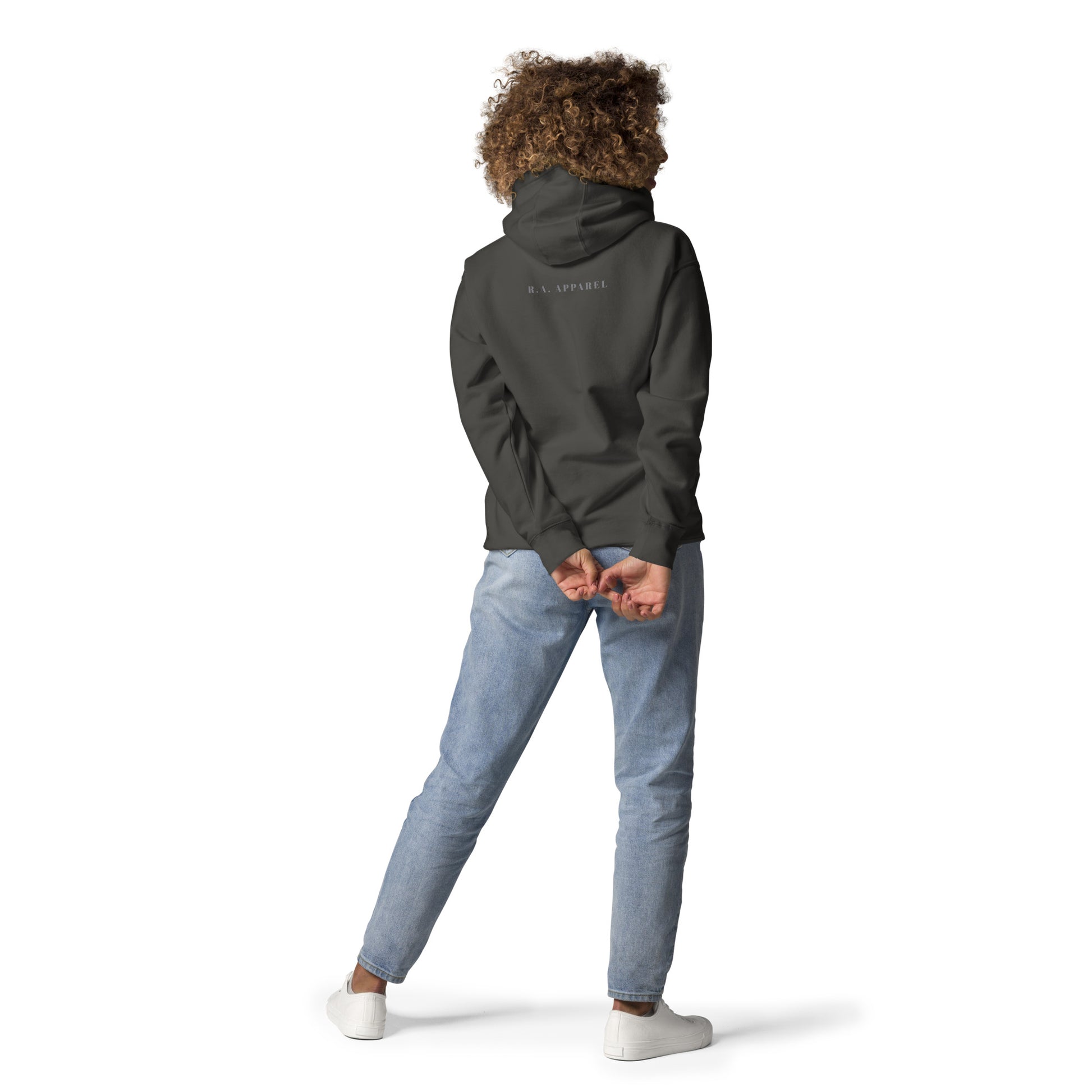 Quiet Peace Hoodie - Left Placement by R.A. Apparel, image 24, back view, Charcoal Heather, size 3XL, left placement.