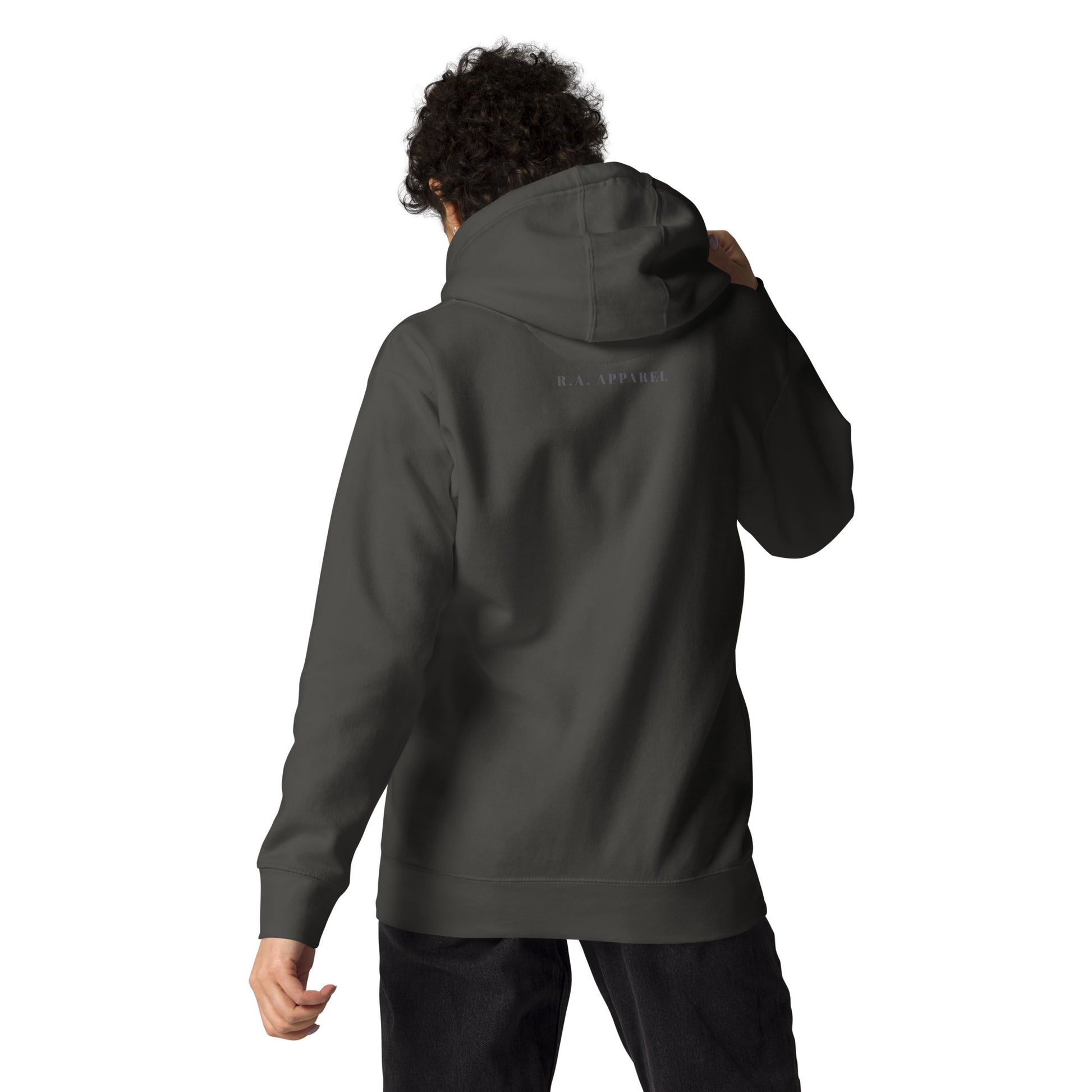 Solmane Hoodie - Left Placement image 24 in Vintage Black, size XL, showing back view for the Leo design.