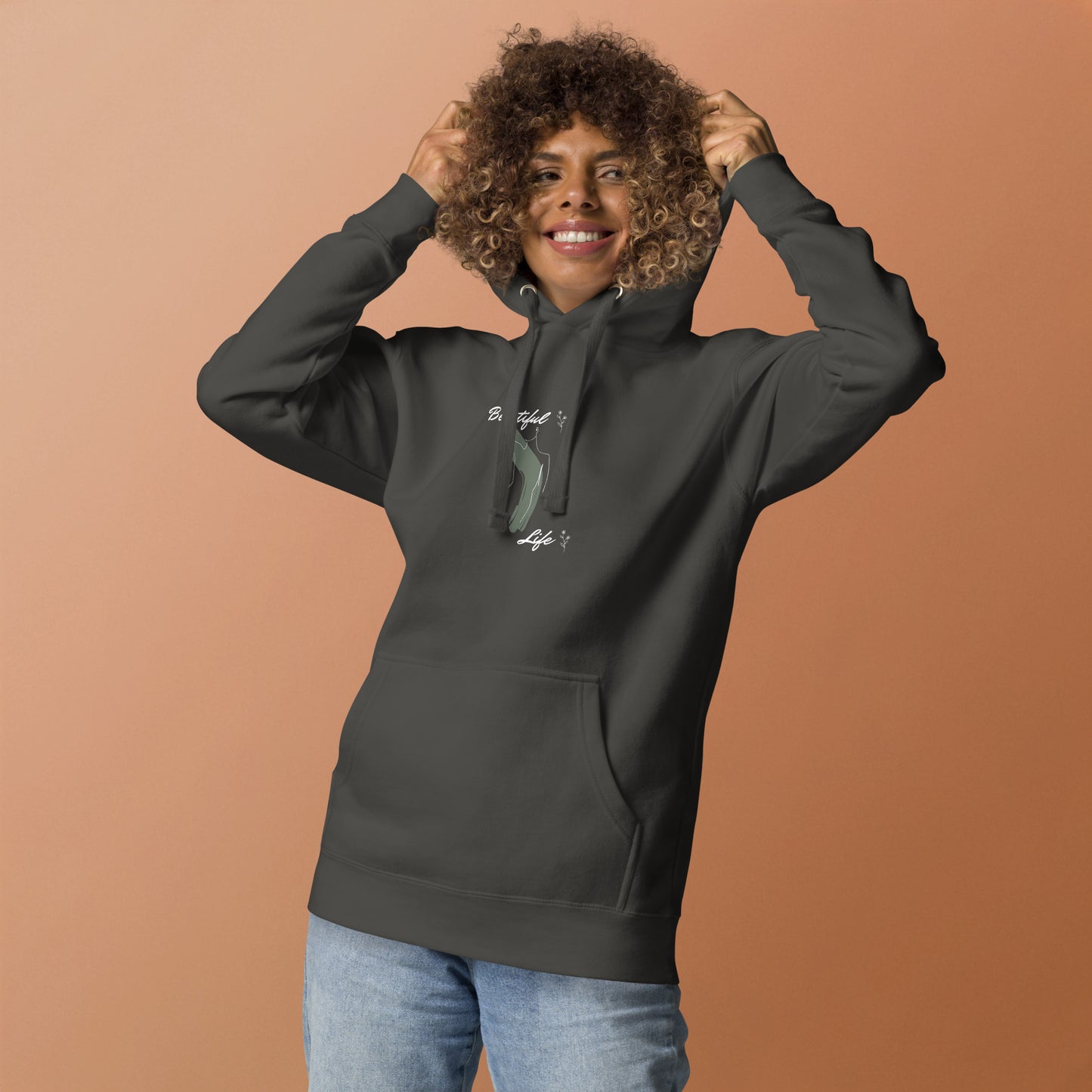 Bellevie Hoodie - Left Placement image 22: Charcoal Heather version, size XL with front view of the Beautiful Life range.