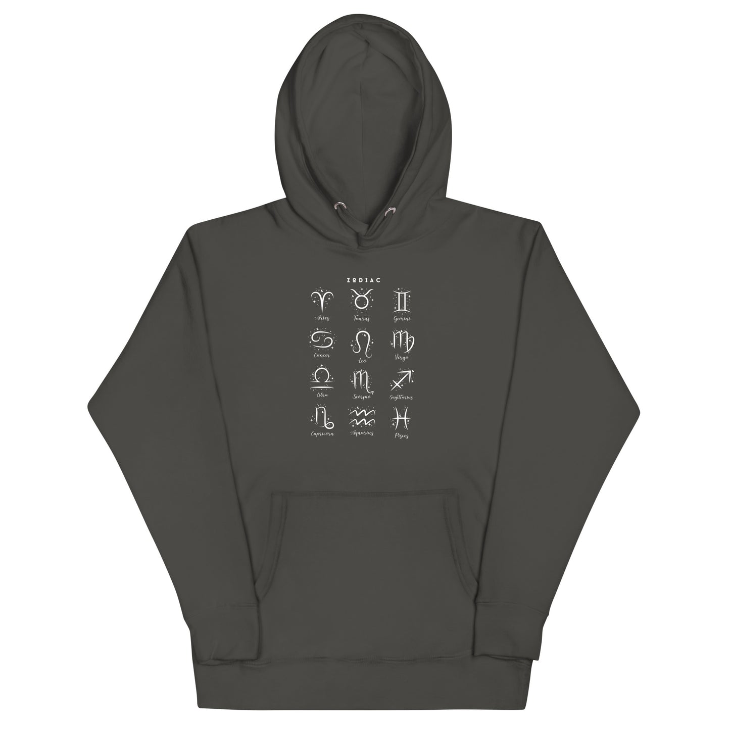 Image 23 of Charcoal Heather Astral Circle Hoodie - Left Placement, size 2XL, with Zodiac artwork visible in front view.
