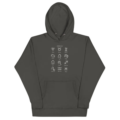 Image 23 of Charcoal Heather Astral Circle Hoodie - Left Placement, size 2XL, with Zodiac artwork visible in front view.