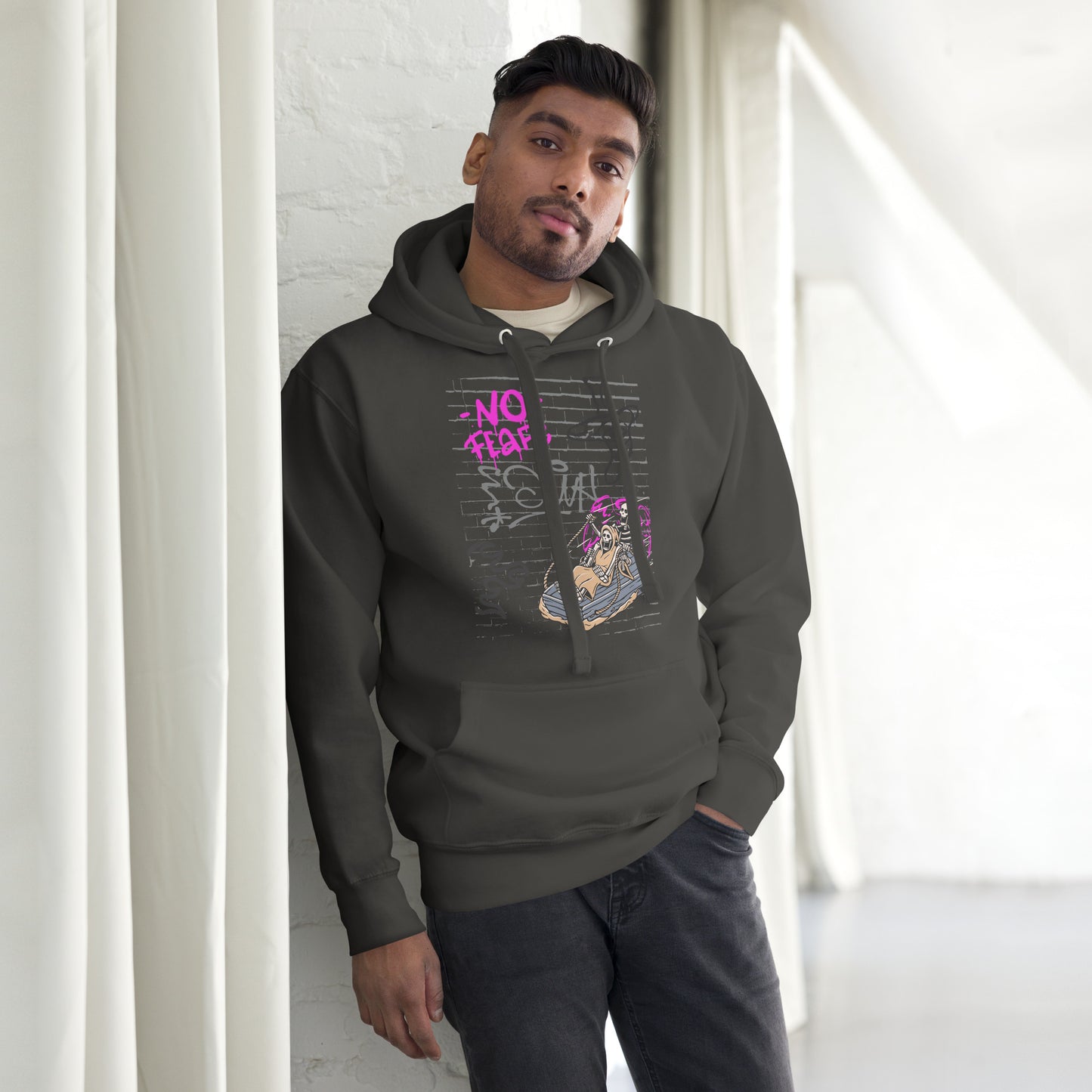 Image 25 of Vintage Black Fearless Hoodie - Left Placement, size 2XL, with No Fear artwork visible in front view.