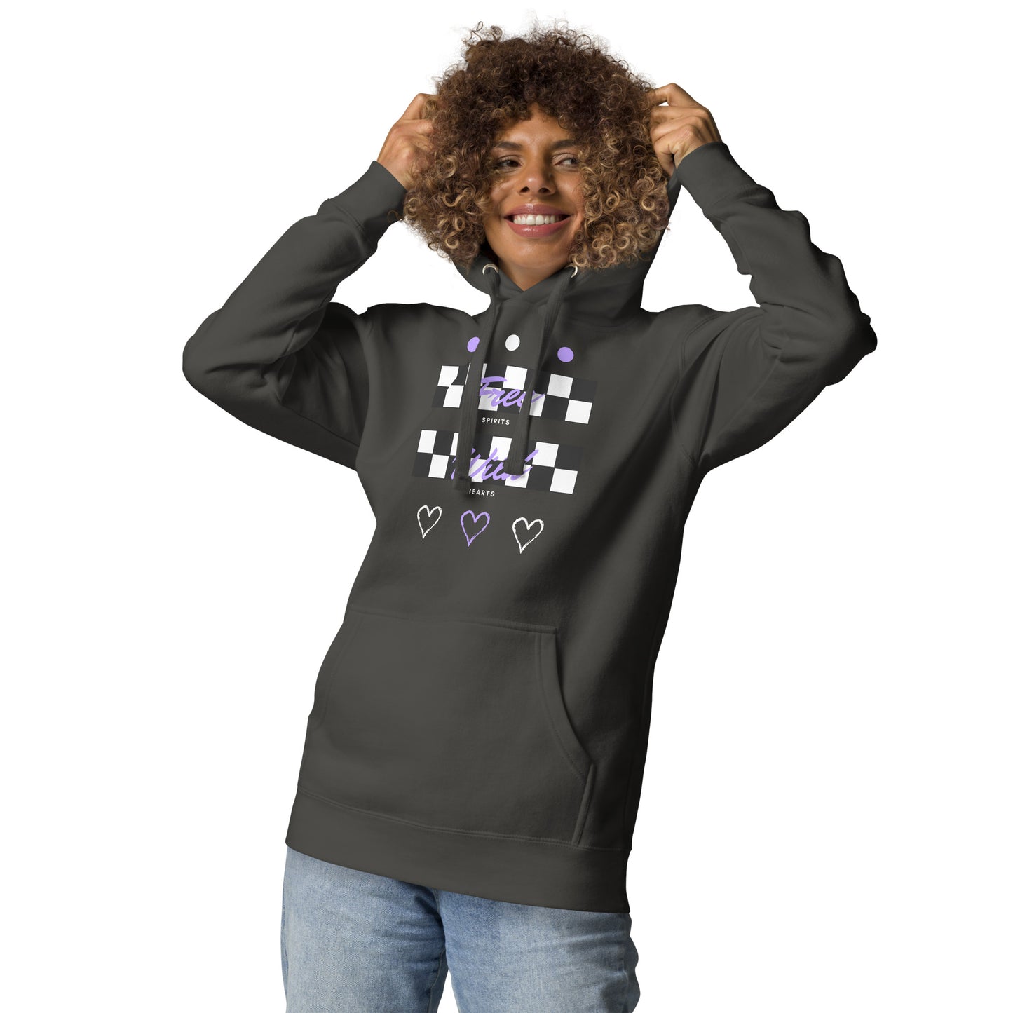 Image 34 of Military Green Freeborne Hoodie - Left Placement, size M, with Free Spirits artwork visible in front view.